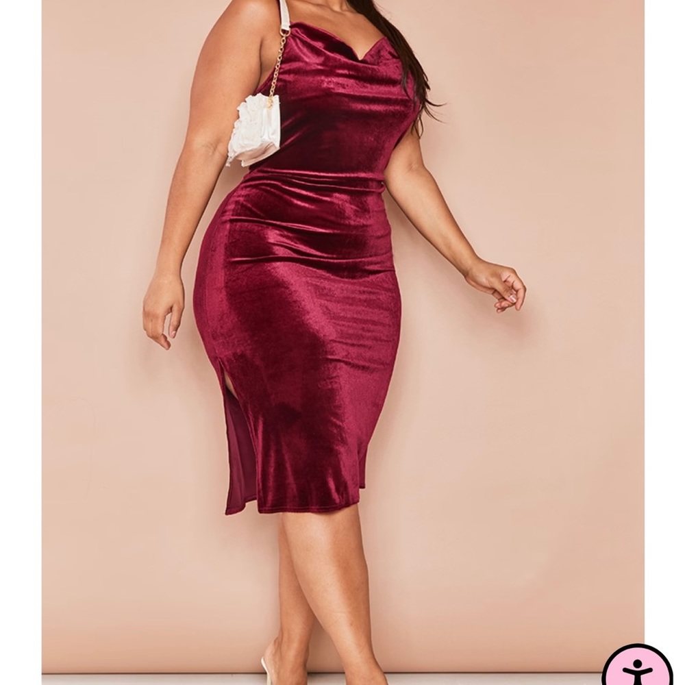 Plus Burgundy Cowl Neck Velvet Midi Dress